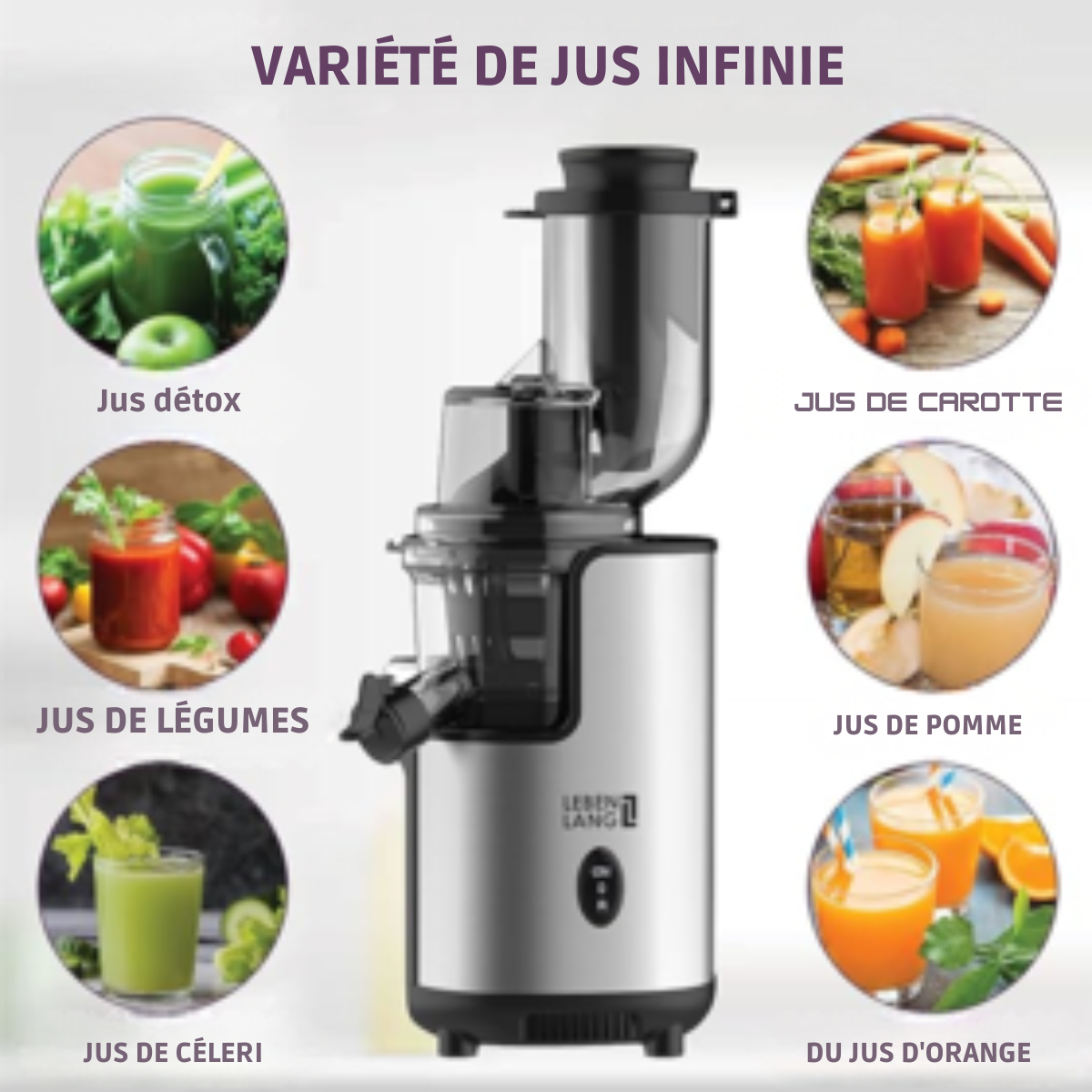 Extracteur de jus électrique Lebenlang - 220 V - Acier inoxydable - Récipient à jus et à pulpe inclus - 21 x 45 cm - Argent
