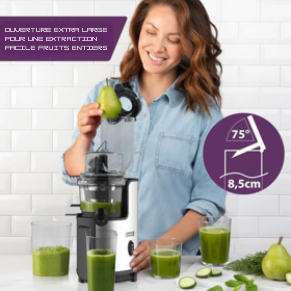 Extracteur de jus électrique Lebenlang - 220 V - Acier inoxydable - Récipient à jus et à pulpe inclus - 21 x 45 cm - Argent