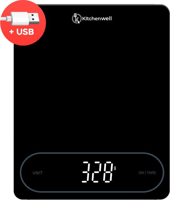 Balance de cuisine numérique de précision Kitchenwell – Balance de cuisine - 1 g - 12 kg – Fonction tare - USB - Noir