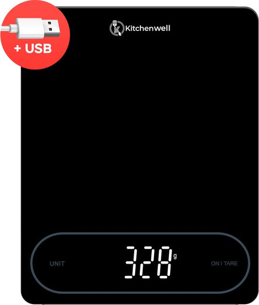 Balance de cuisine numérique de précision Kitchenwell – Balance de cuisine - 1 g - 12 kg – Fonction tare - USB - Noir