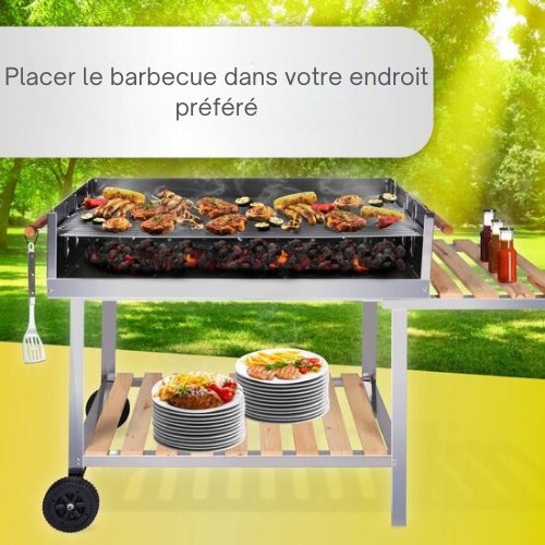 Barbecue au charbon de bois avec table - BBQ collection - Réglable en hauteur - 98 x 56 x 85 cm - noir/bois