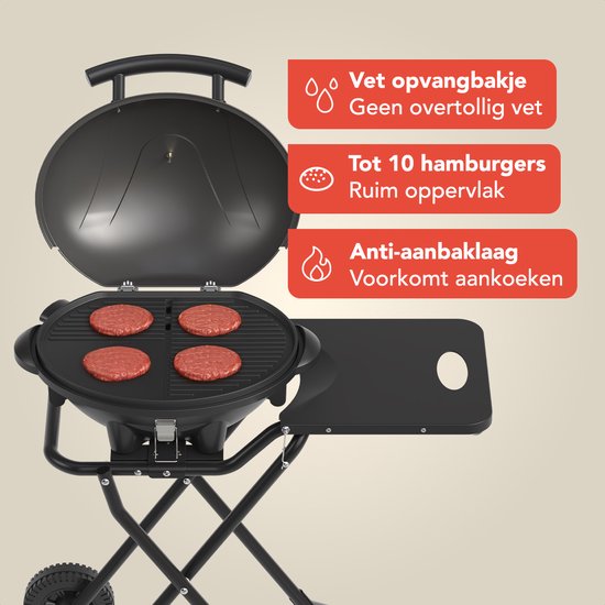 KitchenBrothers Barbecue électrique - pliable - Barbecue à roulettes - revêtement antiadhésif - table d'appoint - jusqu'à 250°C - 2400W - noir