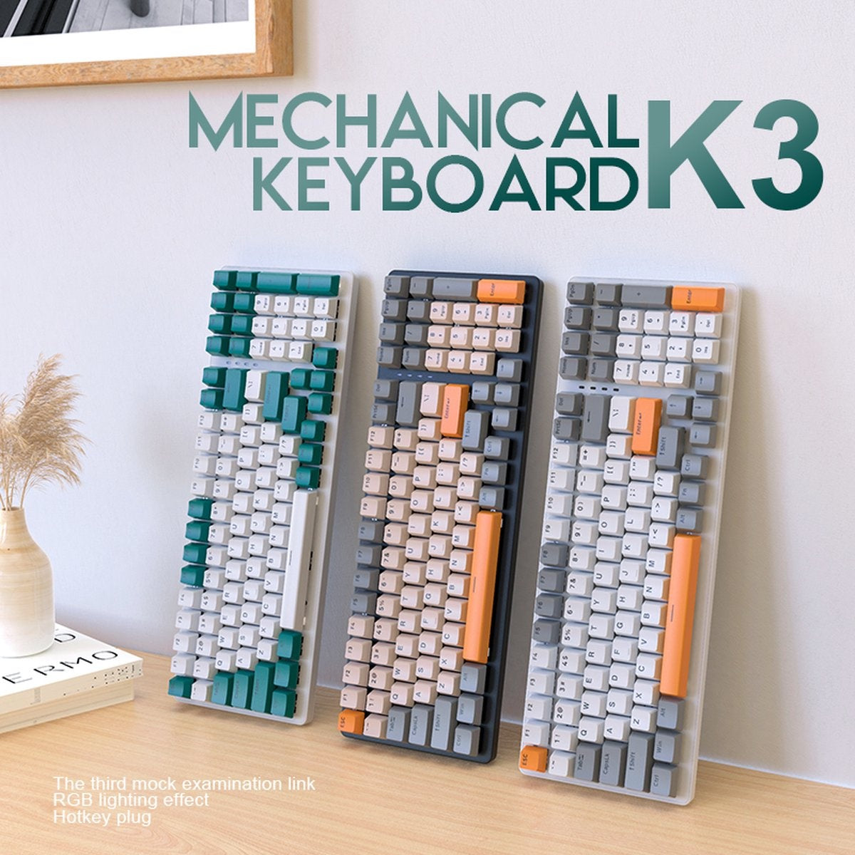 "Clavier de jeu mécanique Fuegobird K3 - 100 touches - Switch rouge - QWERTY - Rétroéclairage RGB - Gris/Orange"