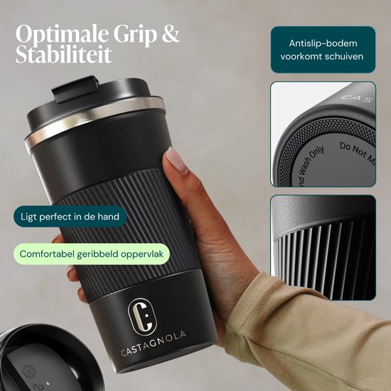 Mug isotherme Castagnola - Mug à café à emporter - Mug de voyage pour café et thé - Mug à thé - 510 ml - Acier inoxydable - Noir