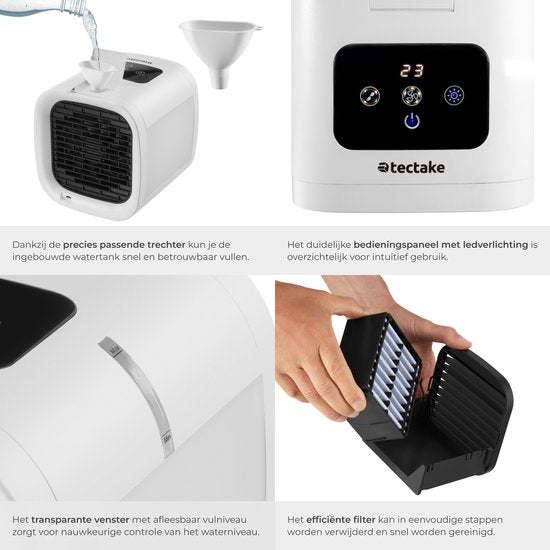 tectake® Air Cooler Frosty avec éclairage LED - 2 modes de refroidissement - 8W - Refroidisseur d'air 3-en-1 avec réservoir d'eau - Sans tuyau de vidange - Câble USB et entonnoir inclus - Mini climatiseur - Blanc