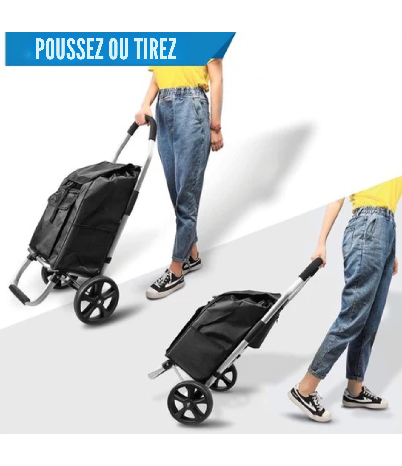 Chariot de courses - Strex - Pliable et à roulettes - Sac imperméable 45 L - Noir