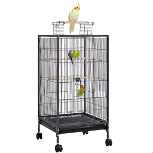 Yaheetech Cage à oiseaux avec base mobile - équipée d'un tiroir coulissant, de 4 mangeoires en plastique et de 3 perchoirs en bois - pour petits oiseaux et perruches - métal noir martelé et bois massif - 45,5 x 45,5 x 100,5 cm