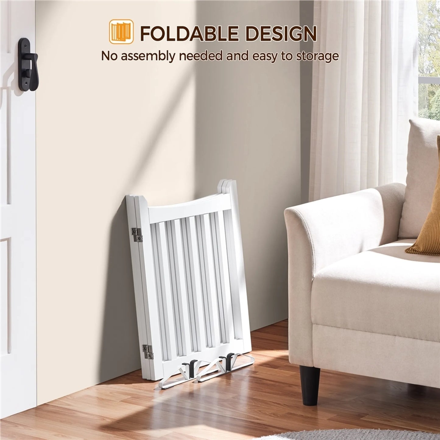 Yaheetech Dog Gate White 3-Piece - Equipée de charnières à 360°, de deux pieds en métal et de capuchons en mousse EVA - Pour les escaliers et la cuisine - MDF blanc et métal - 152 x 60.5 x 2 cm