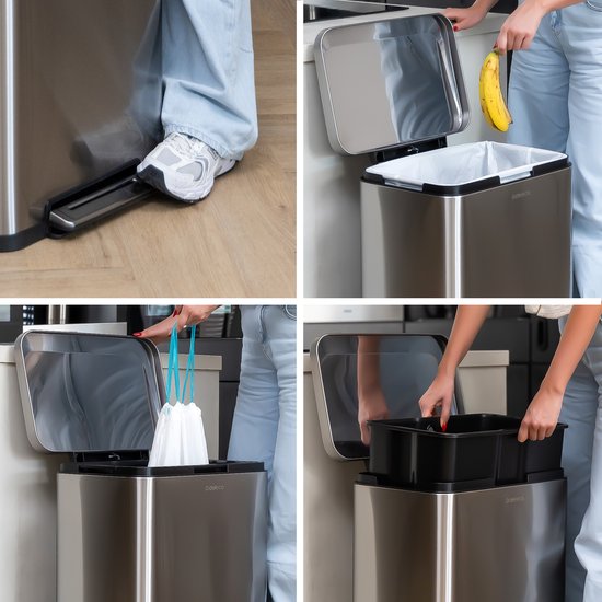 Deleca Trashcan Prestige - 50 Litres - Large - Poubelle / Corbeille à papier / Poubelle à pédale en acier inoxydable - Avec pédale et fermeture lente - Argent mat