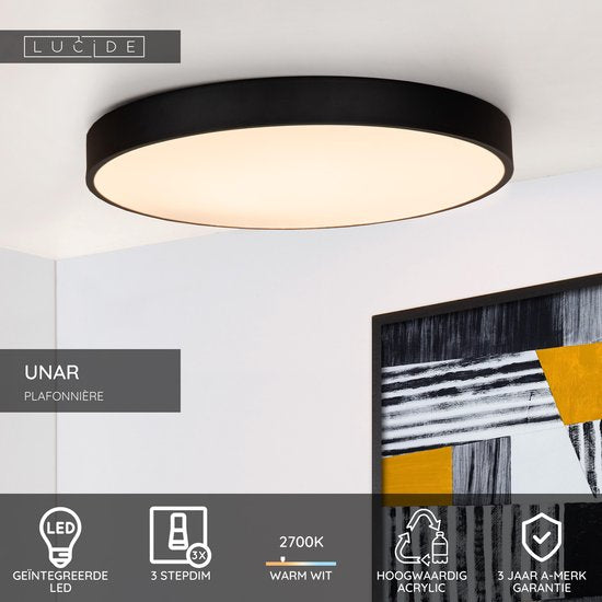 Lucide UNAR - Plafonnier - Ø 49,5 cm - LED 3 StepDim - 1x36 W 2700 K - Noir