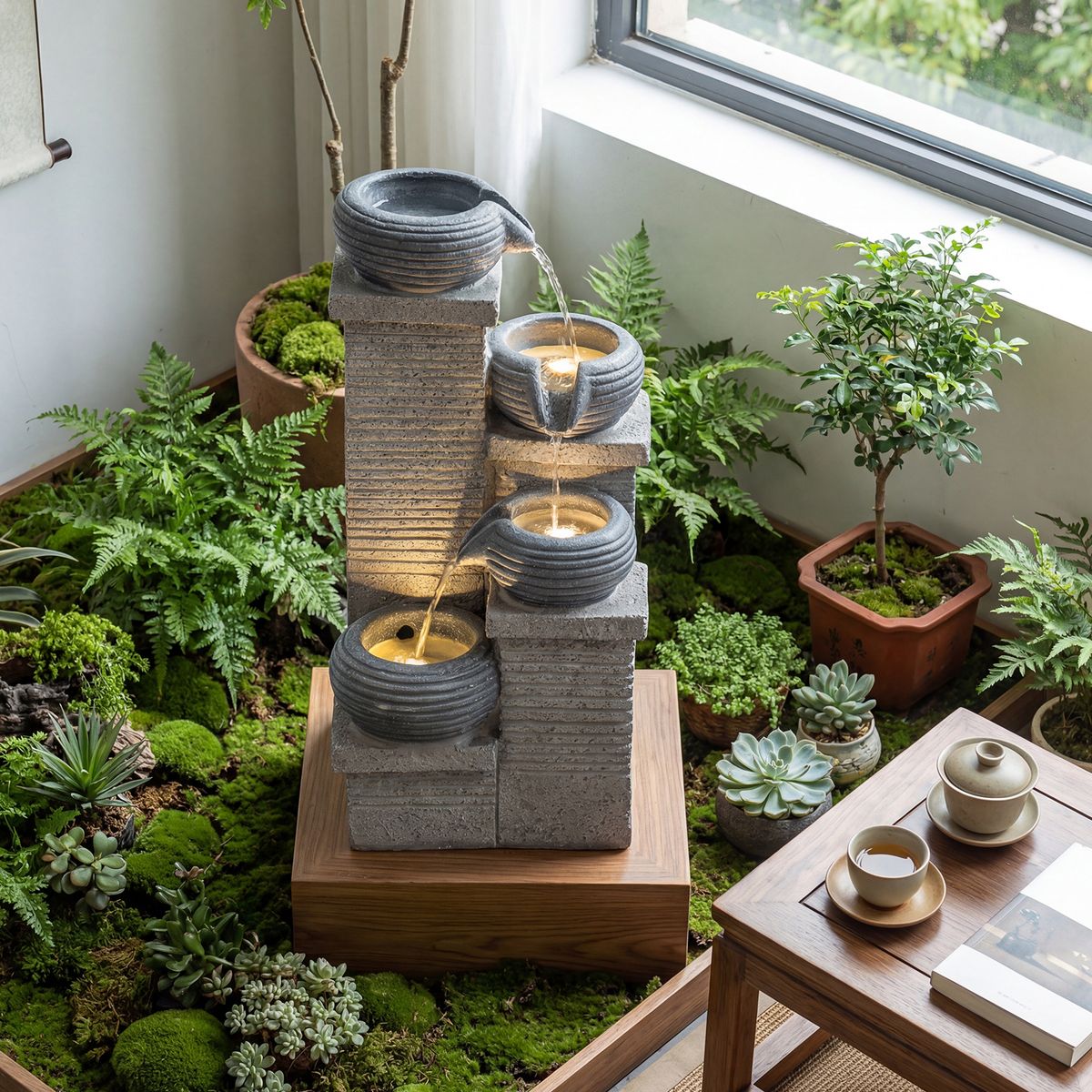 Fontaine de jardin Coast avec éclairage LED - Cascade à quatre niveaux - Résine synthétique et fibre de verre - Gris 28 x 22 x 58 cm