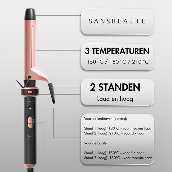 Sansbeauté® Fer à boucler 7 en 1 avec pince et pince gaufrée - Fer à boucler en céramique - 13mm à 38mm - Brosse à sécher les cheveux courts - Brosse chauffante - Pince à boucler - Brosse thermique - Styler les cheveux - Brosse à boucler 5 en 1