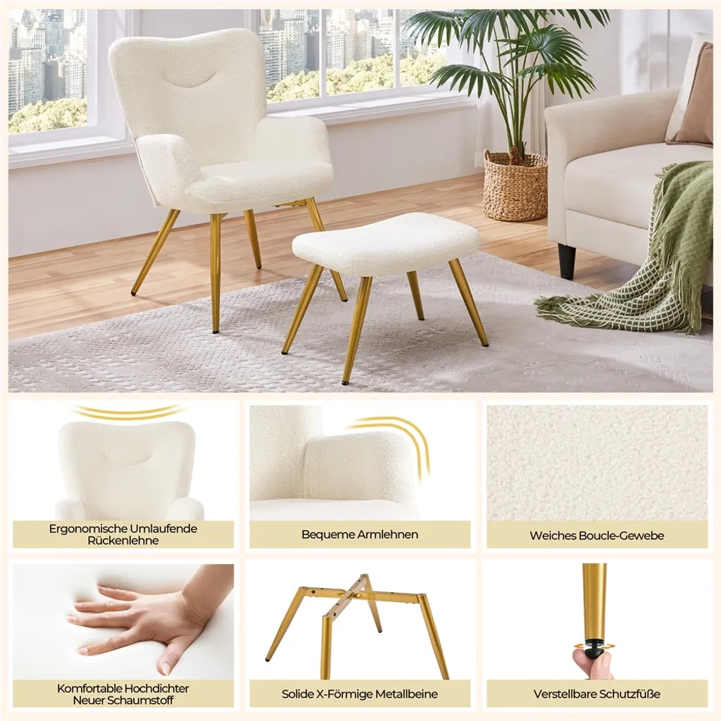 Fauteuil Yaheetech avec repose-pieds, bouclé, blanc/crème