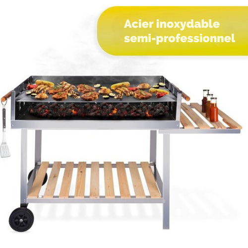Barbecue au charbon de bois avec table - BBQ collection - Réglable en hauteur - 98 x 56 x 85 cm - noir/bois