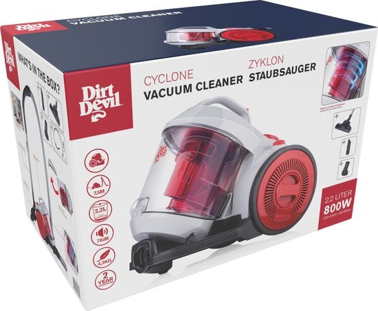 Aspirateur sans sac Dirt Devil - V8221 - 800W - Filtre HEPA 12 - Portée de 7.5M - avec brosse combinée, Kierzuugmond et accessoire pour meubles - 4.3KG - Boîte de récupération de la poussière 2.2L - Gris/Rouge