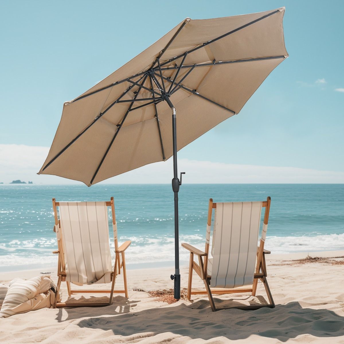 Parasol de table Coast Light Brown 300 cm - Parasol 3 couches avec mécanisme d'inclinaison et manivelle - Parasol de jardin avec 8 baleines et toile ventilée