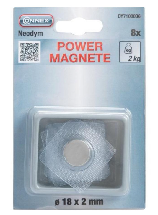 Connex Set de 8 aimants - Rond cousu - Néodyme - 18 mm de diamètre - jusqu'à 1,9 kg
