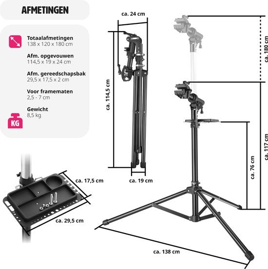 tectake® - Support de réparation de bicyclettes Tristan - Attaches rapides - Tête de serrage - Rotation 360° - Hauteur réglable - Max. 50kg. - Support de montage - Convient aux vélos électriques - 404920