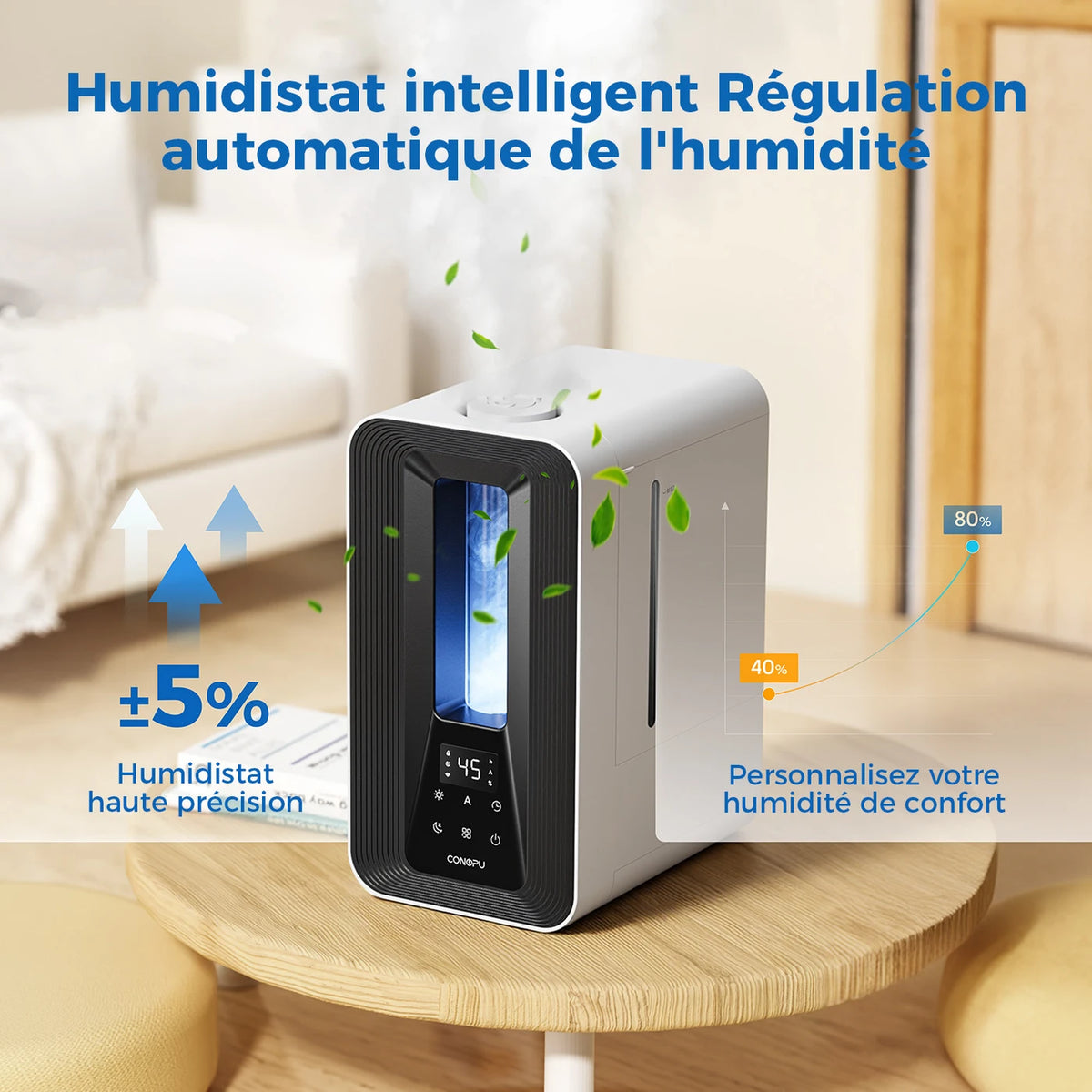 Humidificateur à ultrasons Conopu 5 L - Contrôle intelligent de l'humidité - Buses de pulvérisation à 360° - Diffuseur d'arômes - Éclairage d'ambiance LED - Noir - 170 x 240 x 327 mm