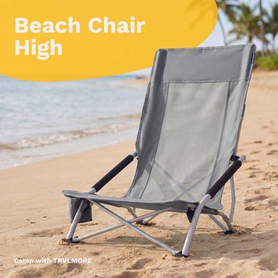 TRVLMORE Chaise de plage - pliable et démontable - capacité de charge de 130 kg - légère - avec sac de transport et porte-gobelet - dossier haut - gris