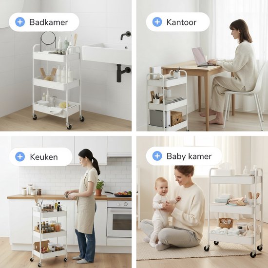 Chariot de cuisine à roulettes - 3 étages - Étagère de cuisine - Chariot de service - Armoire - Chariot - Rangement - Armoires de douche sur pied - Étagère - Blanc - Luft