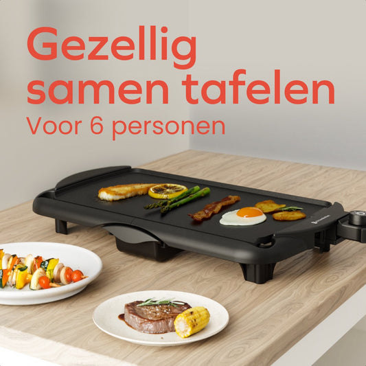 KitchenBrothers Plaque de gril électrique XL - 2000W - Gril Teppanyaki - Grillades en toute sécurité - Noir