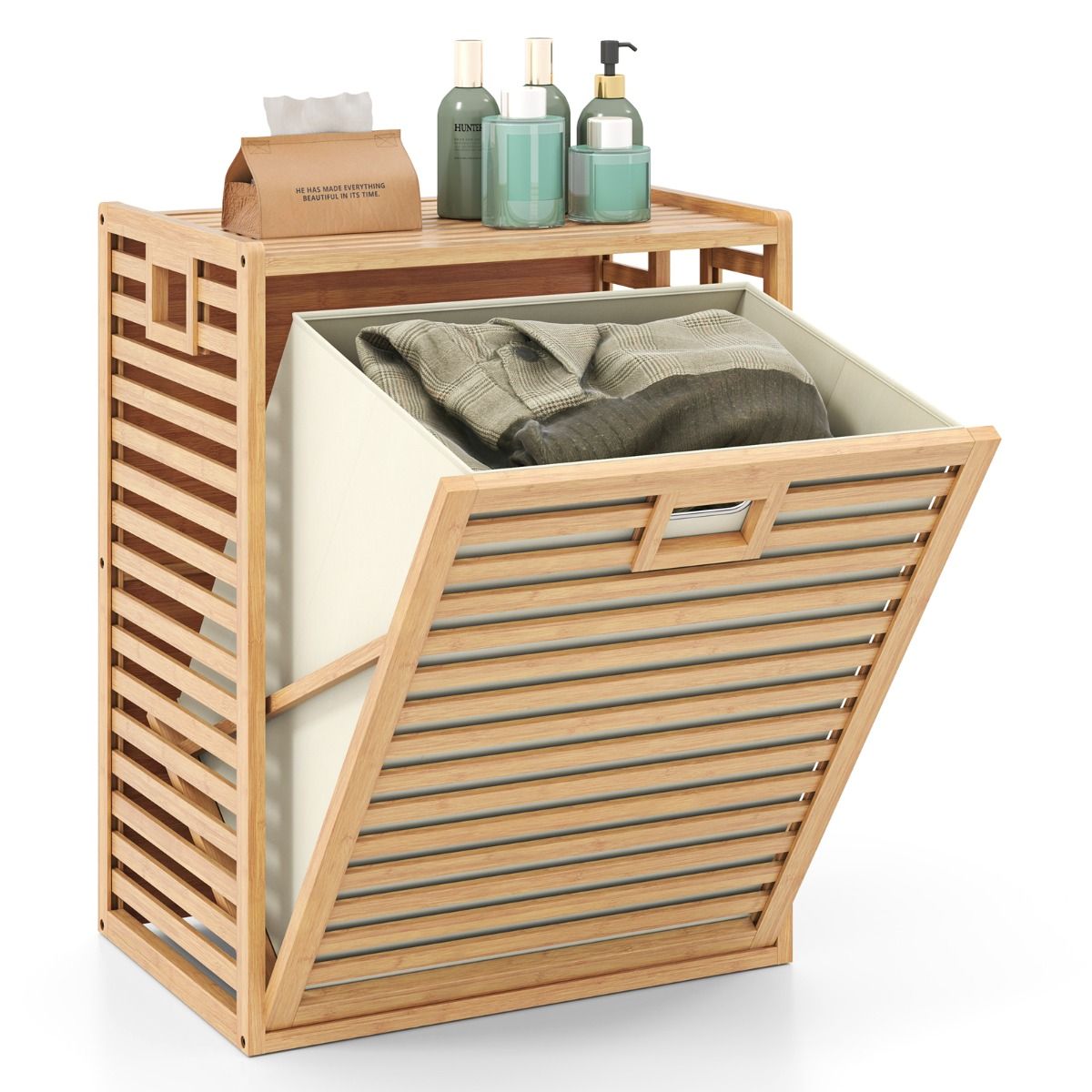 Étagère de salle de bain Coast avec panier à linge - bambou - panier en tissu rabattable - naturel