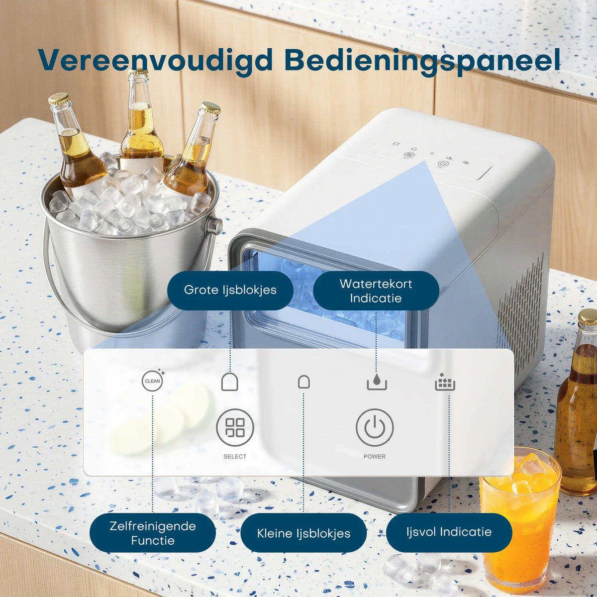 Machine à glaçons CONOPU – Autonettoyante, 9 glaçons sphériques en 6 à 8 min, 2 tailles de glaçons, 12 kg/jour, 1,5 L, silencieuse et compacte – 35 × 23 × 30 cm, bleu glacier