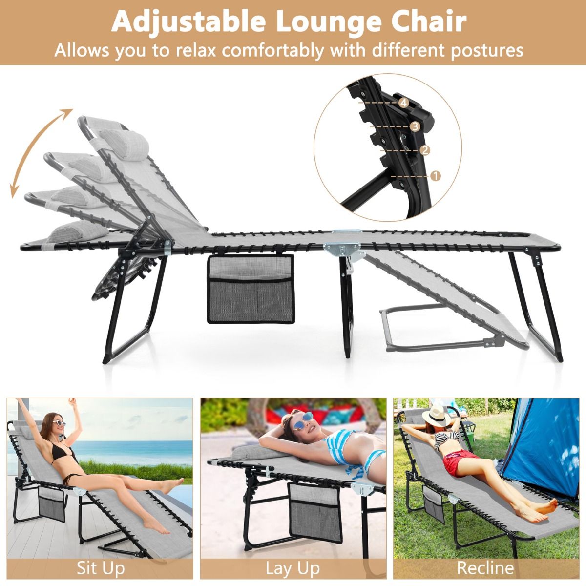 Coast Garden Lounger - Bain de soleil avec poche latérale et appui-tête - pliable - avec dossier réglable - gris