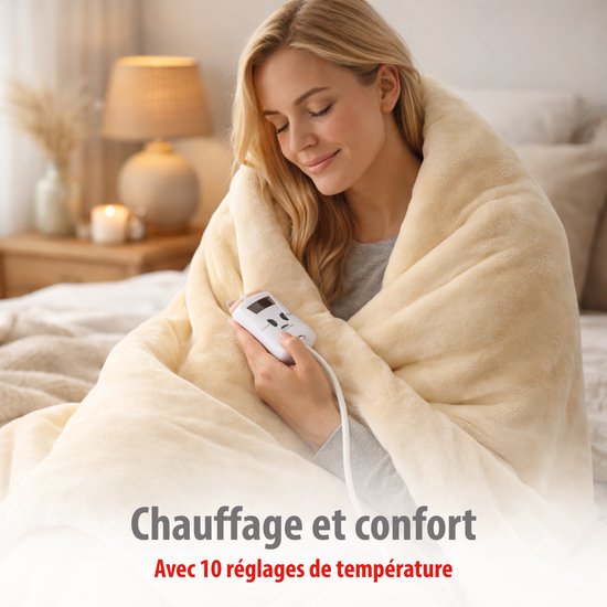 Couverture chauffante électrique Alpina 130 x 180 cm - Couverture chauffante électrique pour une personne avec minuterie 1-9 h - Couverture douillette à 10 réglages - Couverture lavable - Flanelle - Beige