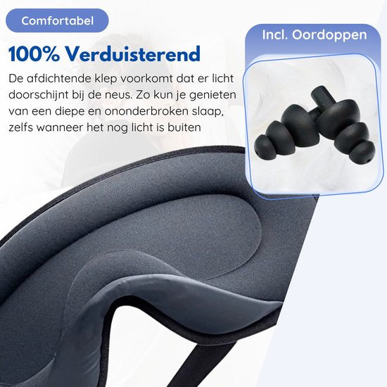 Hilvard - Masque de sommeil - Masque oculaire - Bouchons d'oreille inclus - 100% obscurcissant - Ajustable - Ergonomique - Noir