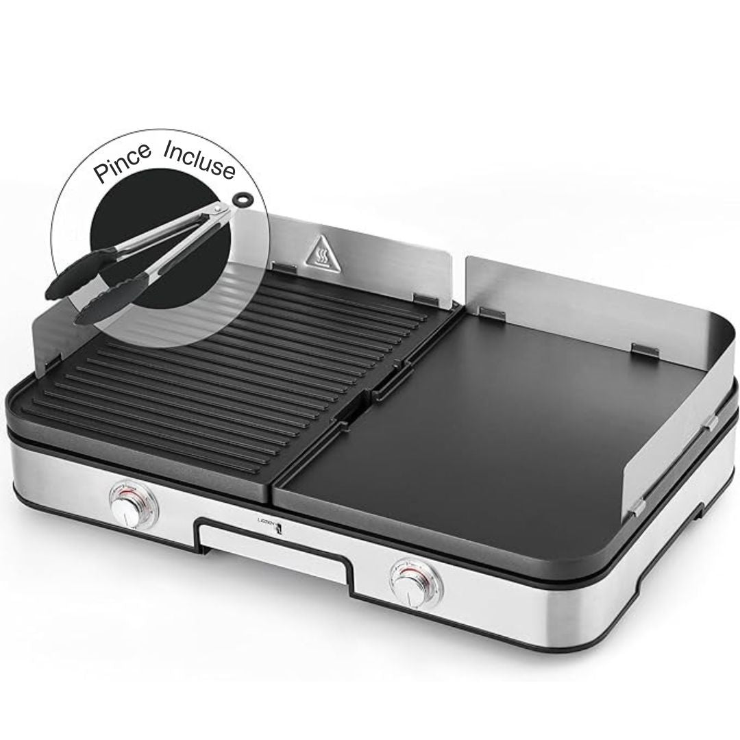 Grill de table électrique LEBENLANG  - 2400W - Pince à griller et protection anti-éclaboussures incluses - 35 x 52 x 10 cm - acier inoxydable