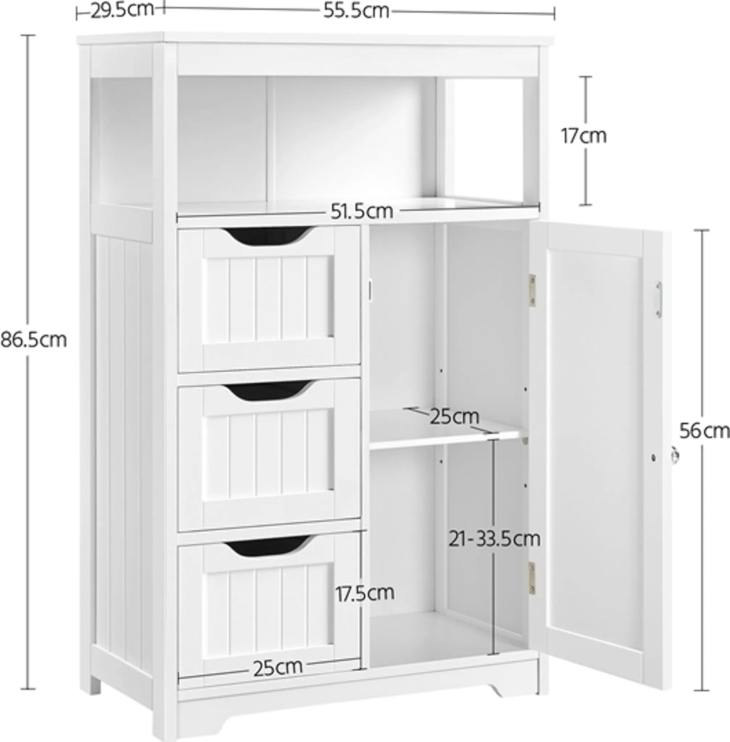 Yaheetech Meuble de salle de bain blanc - 3 tiroirs et meuble avec étagère réglable et rangement ouvert - Pour salon et chambre - Mdf blanc et métal - 55.5 x 29.5 x 86.5 cm