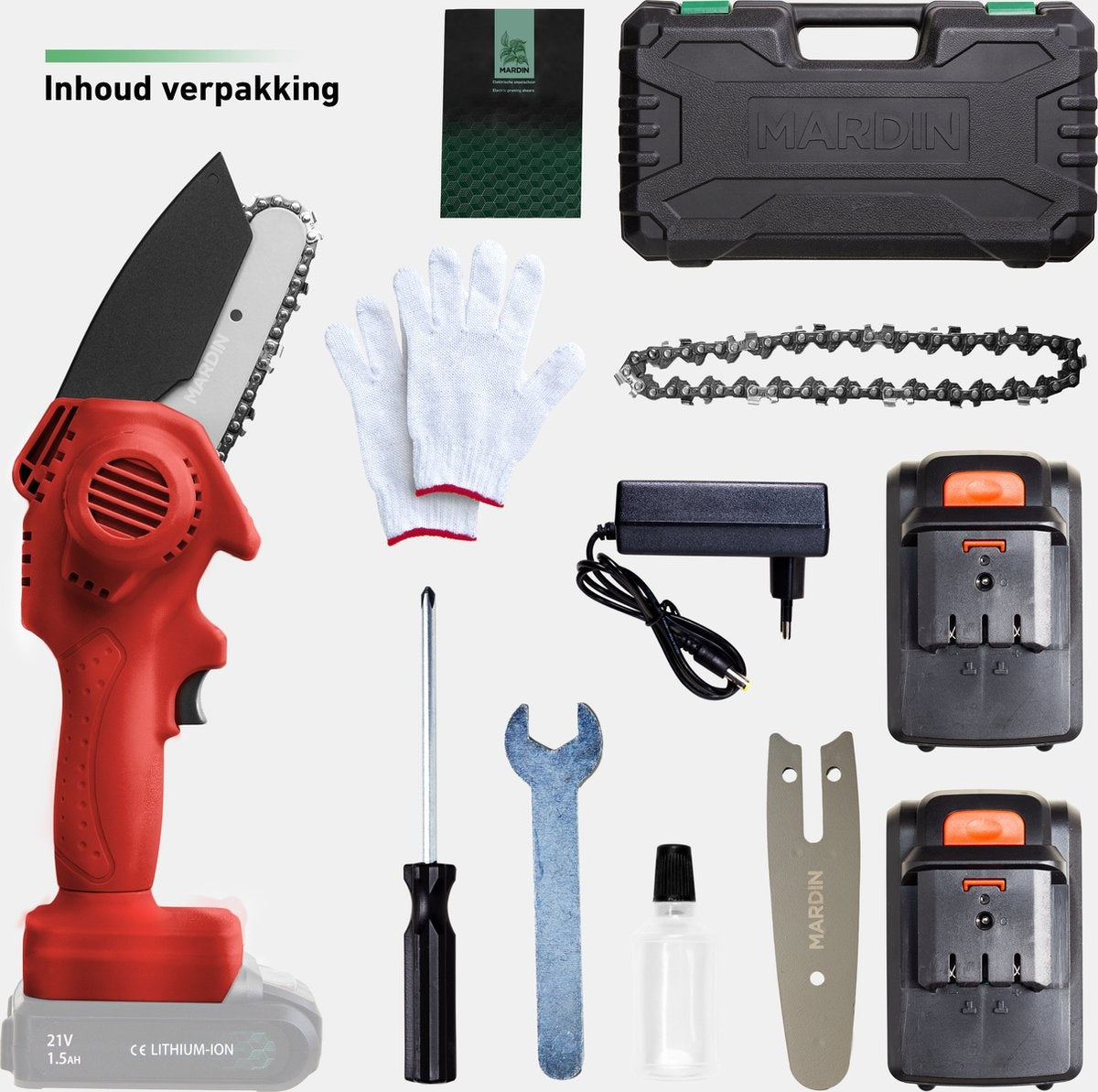Mardin - Mini tronçonneuse - Scie d'élagage - 2 Batteries - Mallette incluse - Rouge