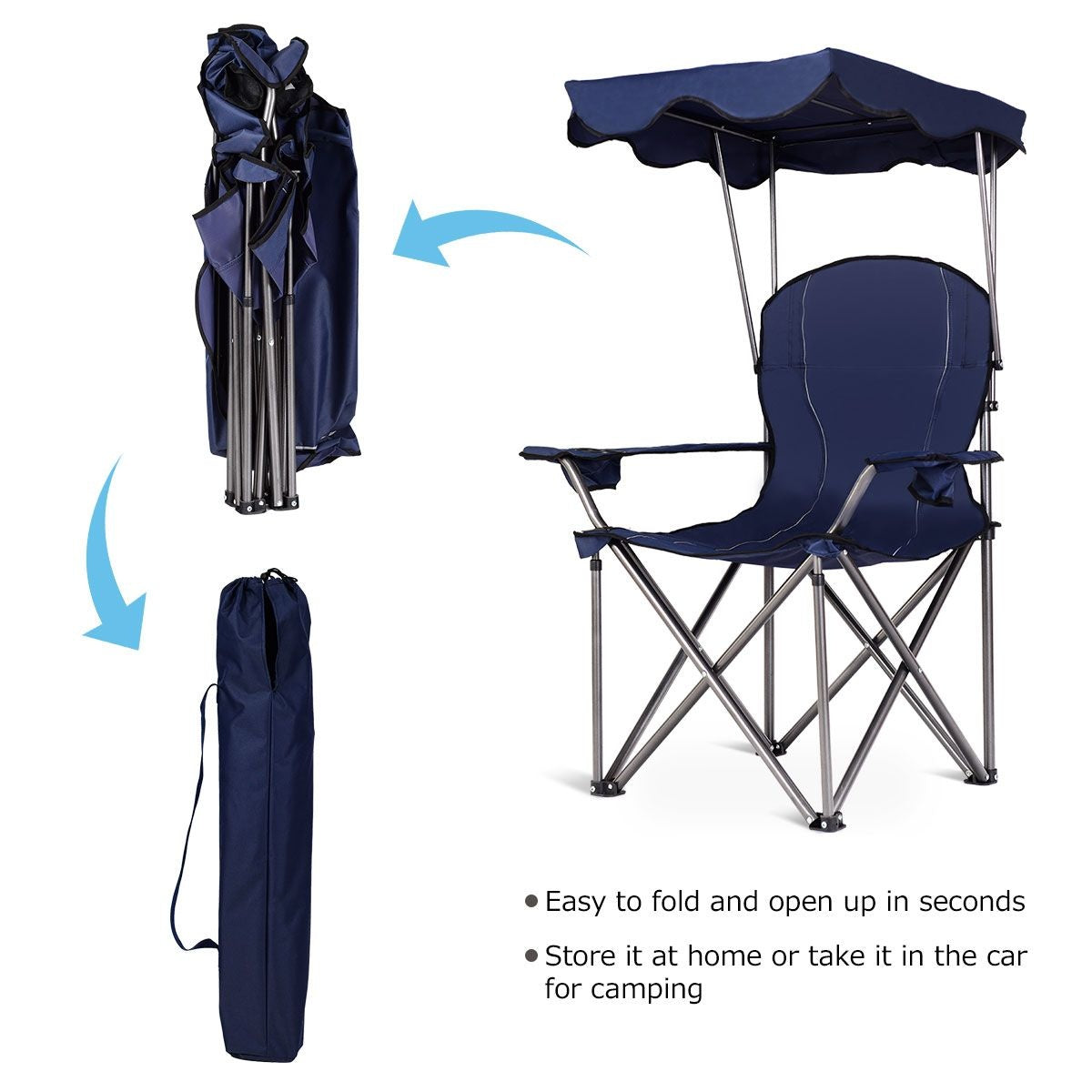 Coast Chaise de camping pliable - parasol - porte-gobelet Sac de transport - 96,5 x 67,5 x 130 cm - bleu