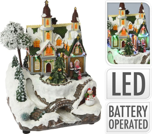Scène de Noël église avec rivière en fibre optique - multicolore - 19 x 18 x 25 cm - lumières led, musique & mouvement