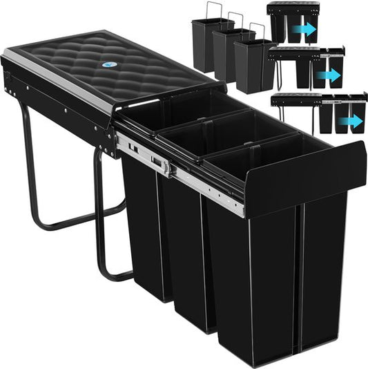 tectake® Collecteur de déchets - Poubelle encastrée - Séparation multiple des déchets - Solution de rangement efficace pour la cuisine et le bureau - Poubelle triple avec rails télescopiques - 3x 10L