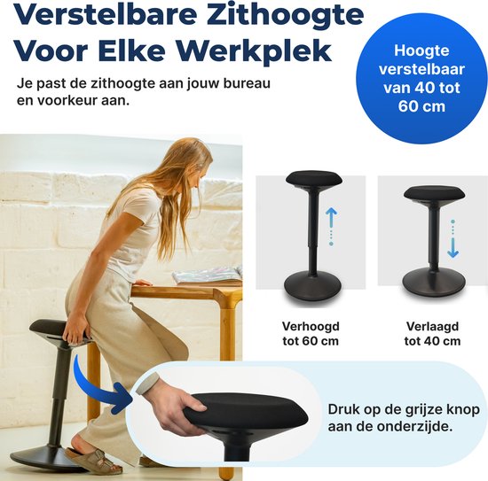Tabouret oscillant Backerz - Tabouret oscillant ergonomique, hauteur 40-60 cm - Tabouret d'équilibre - Tabouret assis-debout - Tabouret en forme de selle, noir