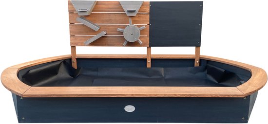 Bac à sable AXI Joey 158 x 91 x 57 cm Marron/anthracite – Avec mur de jeux et tableau à craie – Bac à sable ovale – Avec housse et tapis de sol – Bois de pruche 100 % certifié FSC