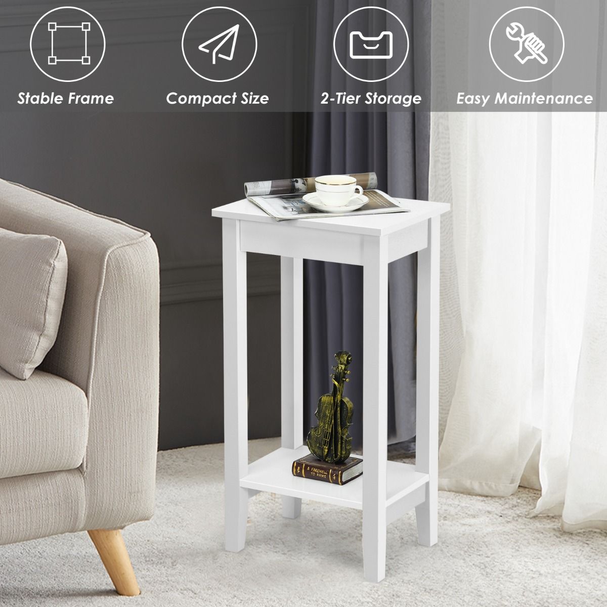 Coast Set of 2 Side Tables - White - 39.6 x 29.6 x 73.5 cm - Table de rangement à 2 niveaux avec pieds en bois massif