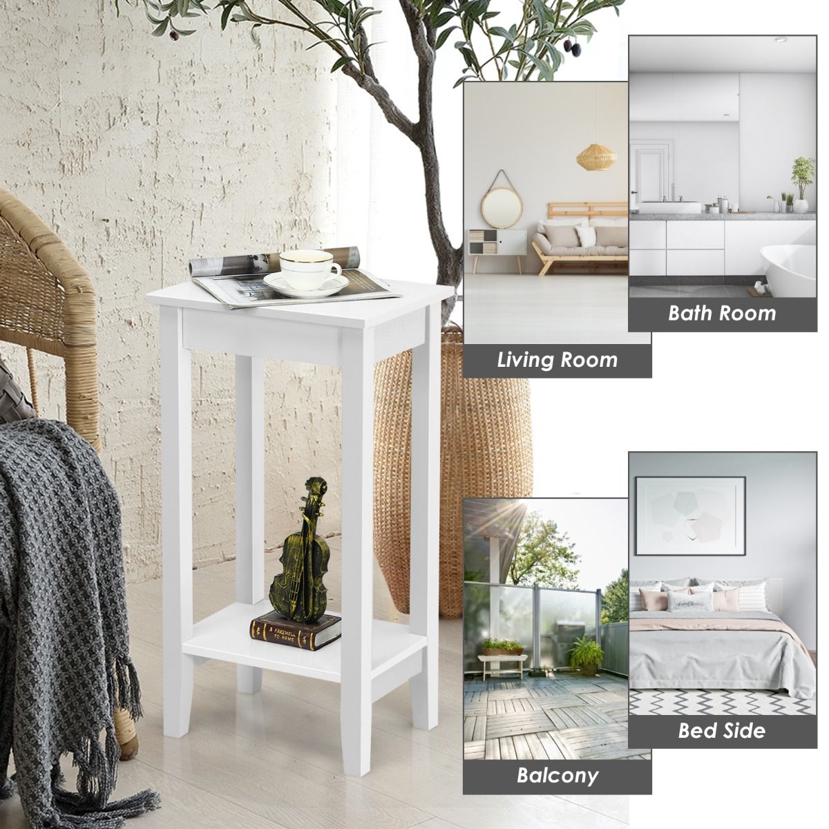 Coast Set of 2 Side Tables - White - 39.6 x 29.6 x 73.5 cm - Table de rangement à 2 niveaux avec pieds en bois massif