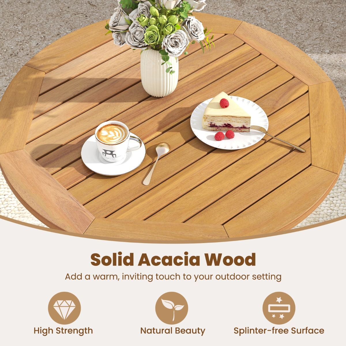 Table de jardin ronde Coast - pliable - bois d'acacia - 67 cm - naturel