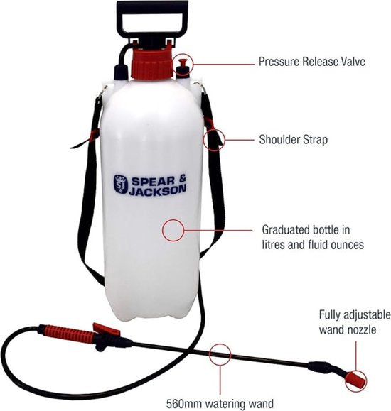 Spear & Jackson Pressure Sprayer 8 Liter - Pulvérisateur à pression - Désherbant - Pulvérisateur - Pulvérisateurs à pression - Pulvérisateur à pression résistant à l'acide - Pulvérisateur à pression acide - Garantie 1 an