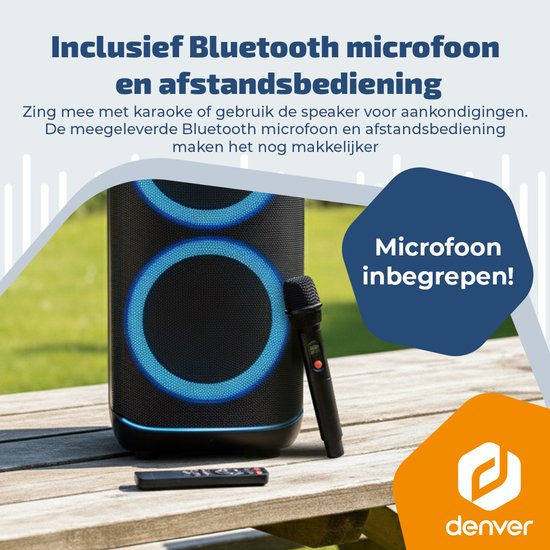 Enceinte Bluetooth Denver Party Box - Lumières disco - Partybox - Microphone inclus - Haut-parleur - BPS470
