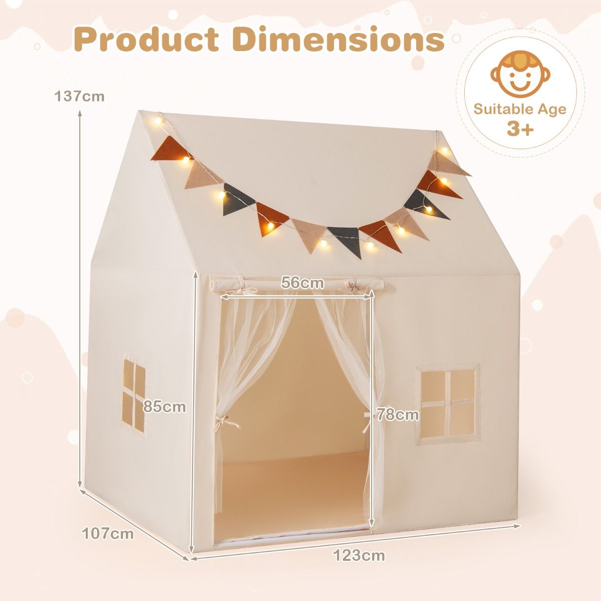 Coast Play Tent for Children - Incl. Light String - 123 x 107 x 137 cm - Beige