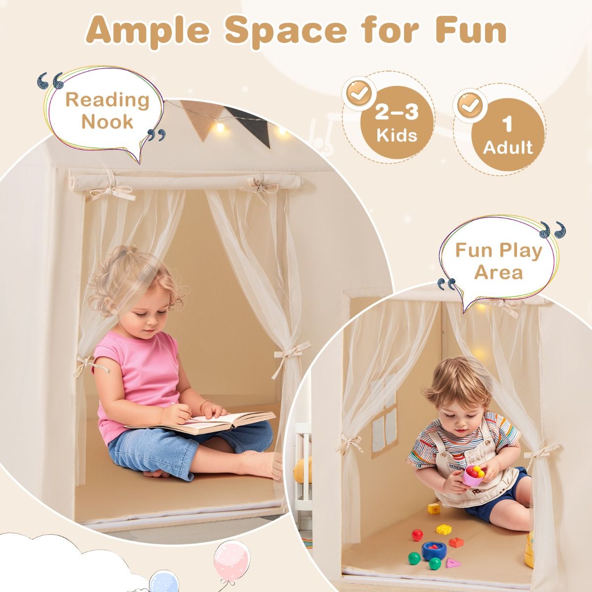 Coast Play Tent for Children - Incl. Light String - 123 x 107 x 137 cm - Beige