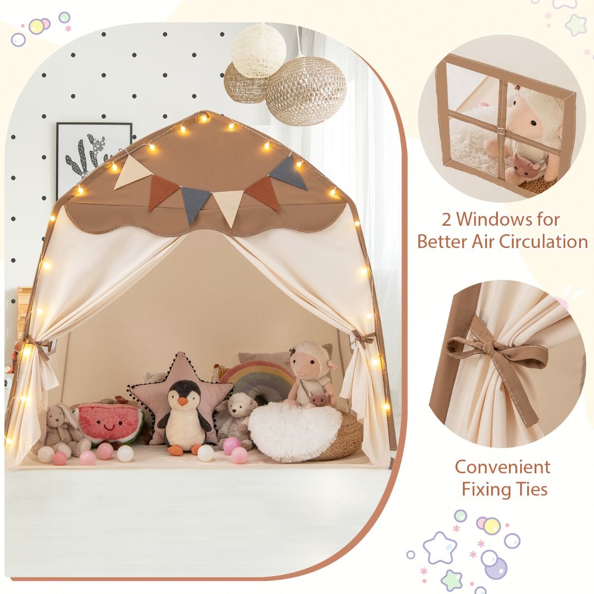 Coast Play Tent Kids 157 x 98 x 148 cm Beige/Brown - Tente lit avec lumières et drapeaux pour l'intérieur et l'extérieur