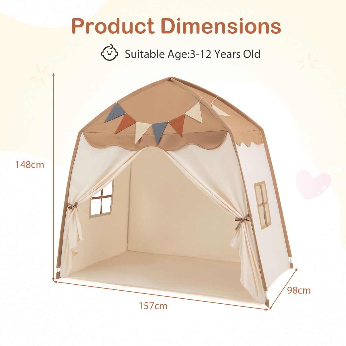 Coast Play Tent Kids 157 x 98 x 148 cm Beige/Brown - Tente lit avec lumières et drapeaux pour l'intérieur et l'extérieur