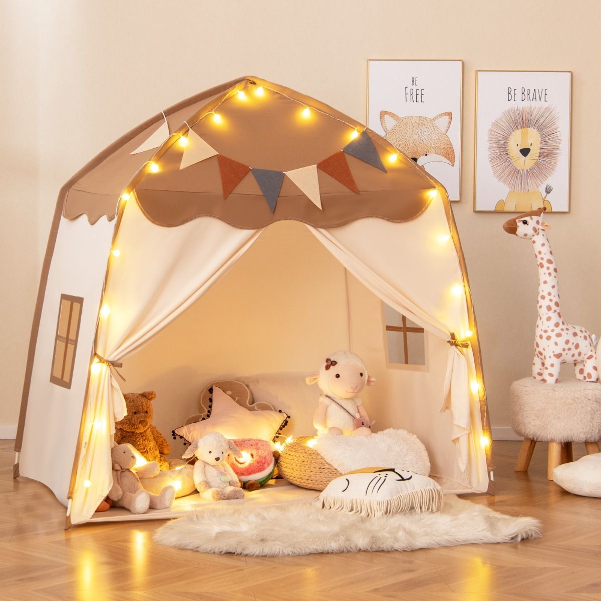 Coast Play Tent Kids 157 x 98 x 148 cm Beige/Brown - Tente lit avec lumières et drapeaux pour l'intérieur et l'extérieur