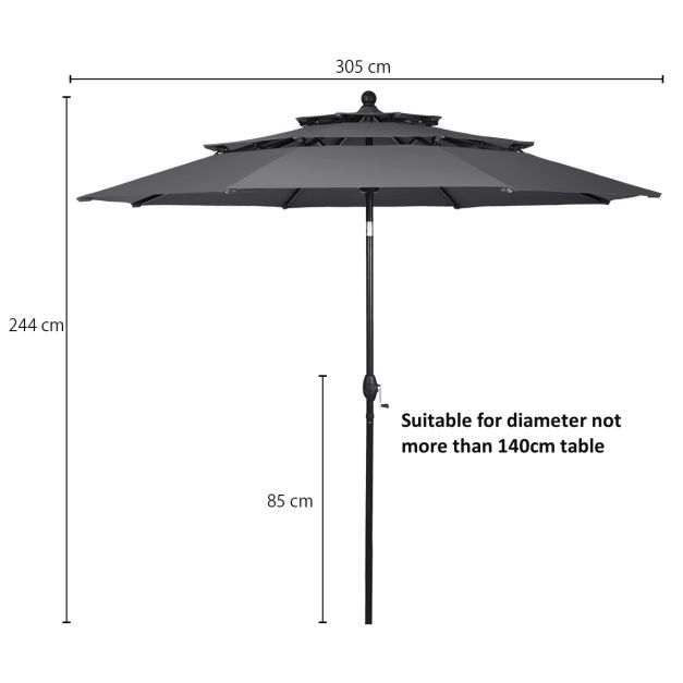 Parasol Coast - 300 cm - Articulé - Coupe-vent - Aluminium - Protection UV - Gris